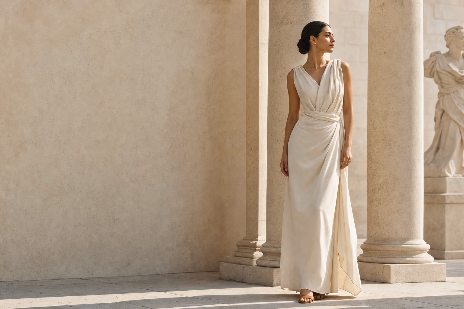 Woman in an ivory draped dress standing between classical limestone columns